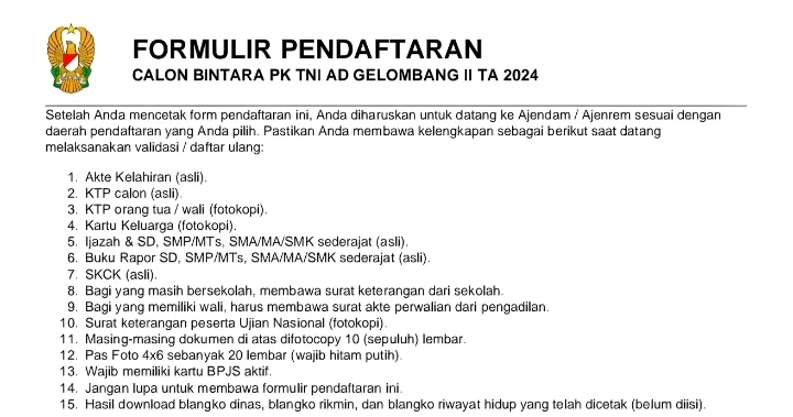 Info Pendaftaran Bintara TNI AD 2024